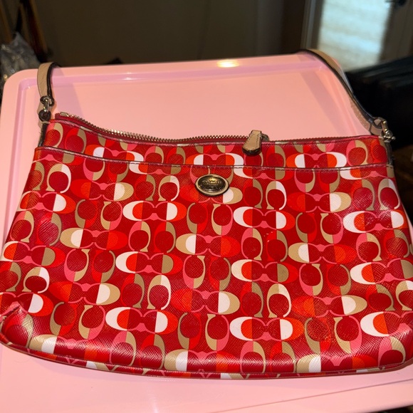 Coach Red and Brown Patterned Shoulder Bag - Picture 1 of 4